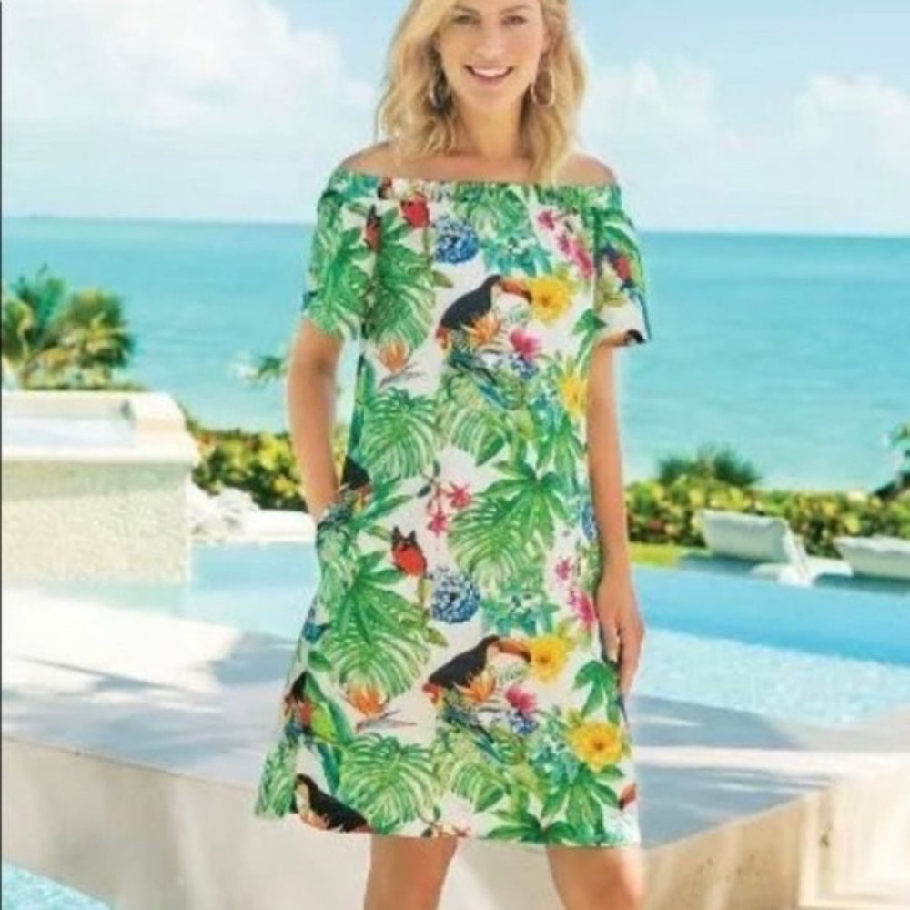 Soft Surroundings Off The Shoulder Palm Beach Tropical Mini Cotton Dress Small